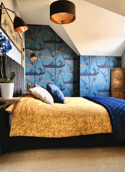 "Blue Gold Guest Bedroom" Interior Styling by Emma Mullender