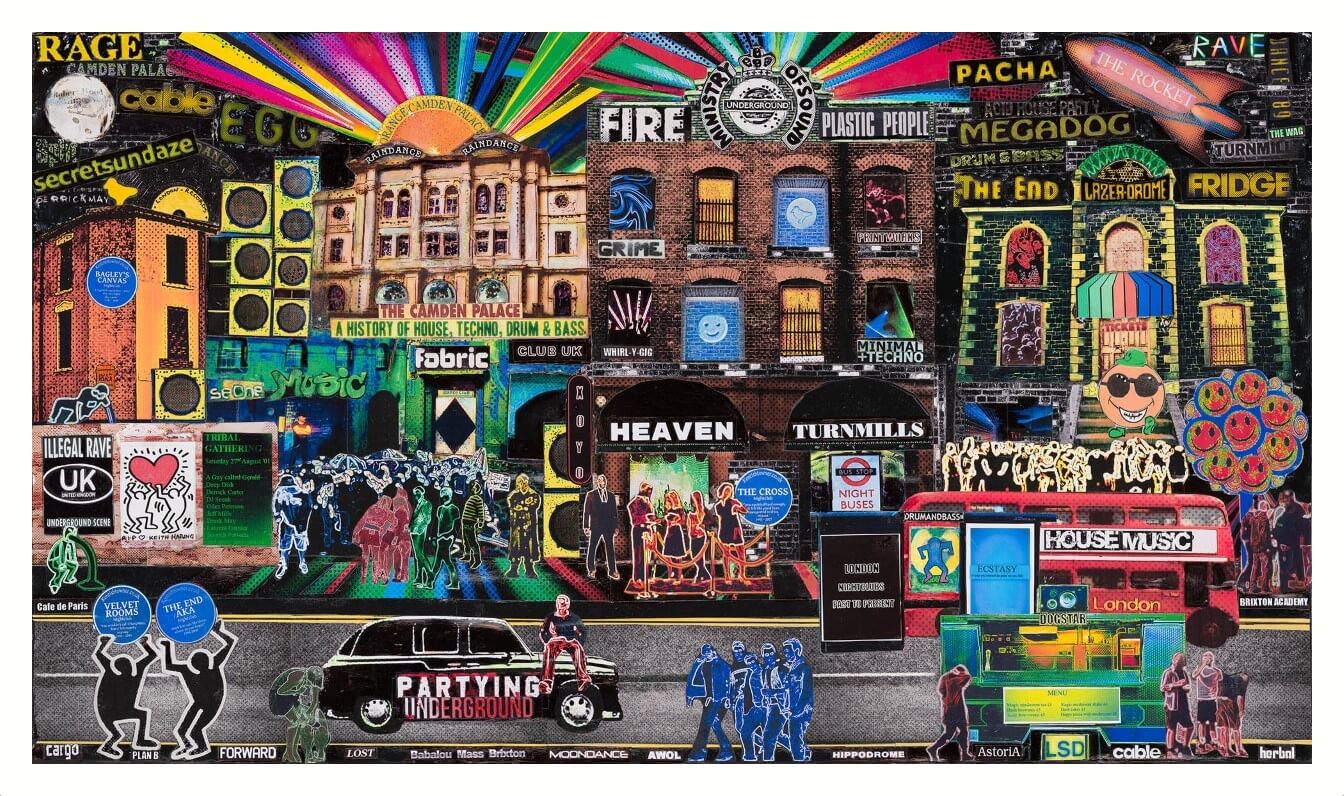 "Londons nightclubs from past to present" with border print by Emma Mullender