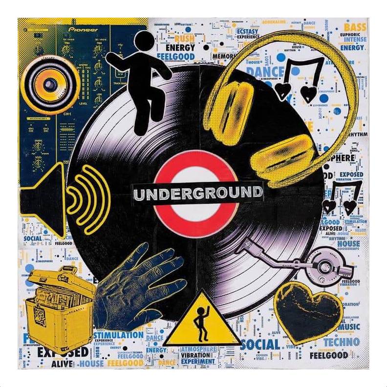 "Underground Music Collage" with border. Inspired by my love of music and dancing. Prints available. by Emma Mullender