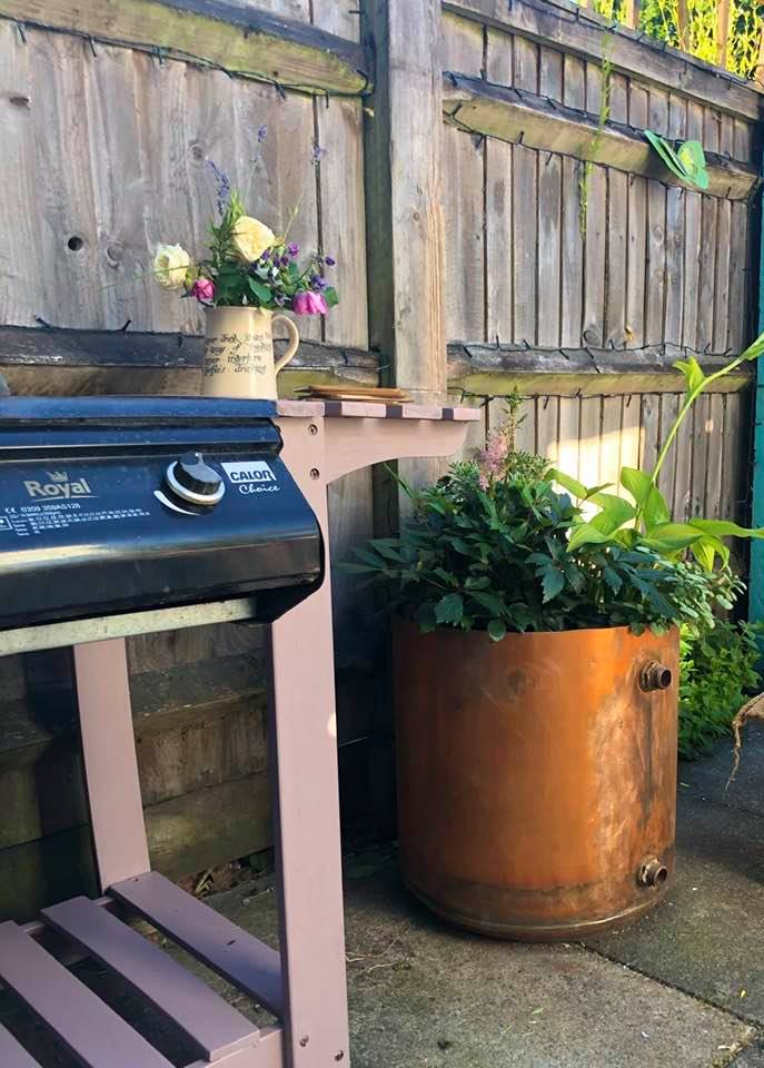 "Recycled Patio Blog" painted BBQ and Copper tank planter by Emma Mullender