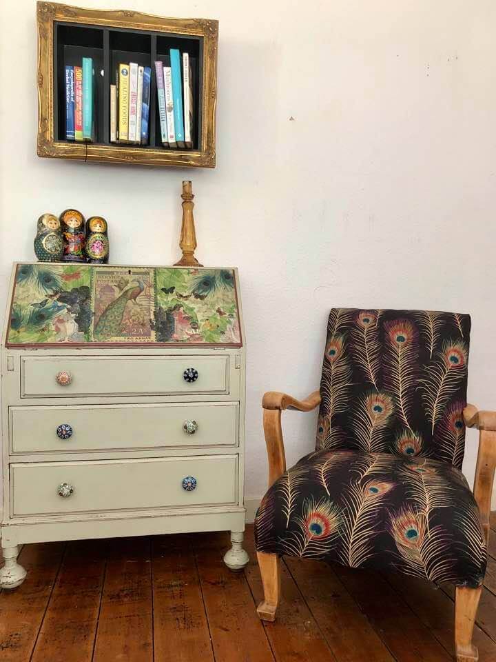 "Decoupage Bureau with Upholstered chair. Gilt Framed Shelving by Emma Mullender