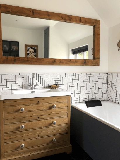 "Family Bathroom before picture" with oversized mirror by Emma Mullender