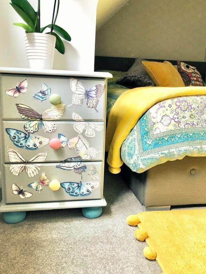 "Interior Styling a teenage girls loft bedroom" upcycled butterfly chest of drawers by Emma Mullender