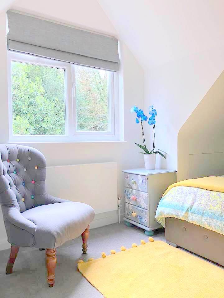 "Interior Styling a teenage girls loft bedroom" upholstered chair and upcycled chest of drawers by Emma Mullender
