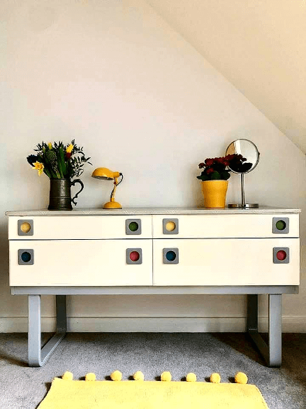 "Interior Styling a teenage girls loft bedroom" upcycled retro chest of drawers cushions by Emma Mullender