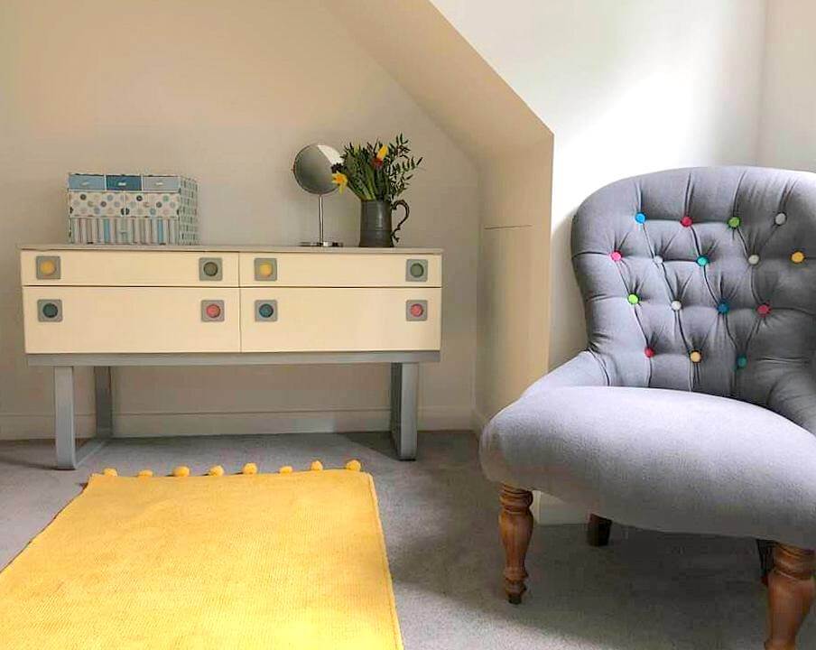"Interior Styling a teenage girls loft bedroom" upcycled chest of drawers and upholstered chair by Emma Mullender