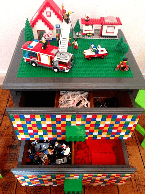 "Upcycled Lego Storage" drawer compartments Duplo handles by Emma Mullender