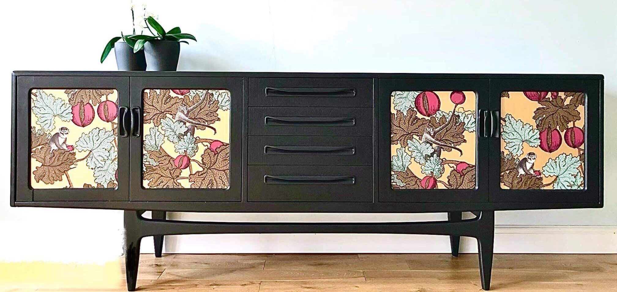 "Up-cyc;led Retro Sideboard" Cole and Son Frutto Proibito wallpaper after picture by Emma Mullender
