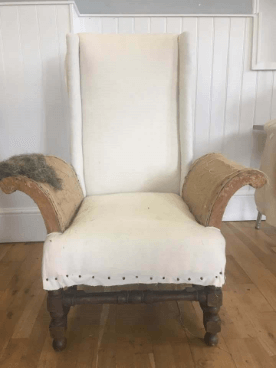 "Large Wing Back Chair" traditional upholstery. Calico on, adding horse hair to arms by Emma Mullender