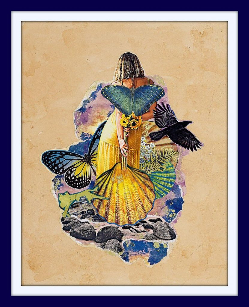 "Stepping out of her shell" collage, framed print by Emma Mullender