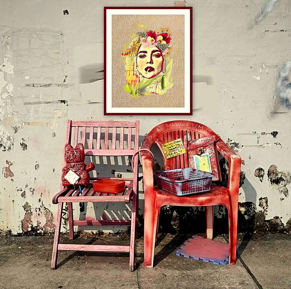 "Feminine and Feisty" print on wall by Emma Mullender