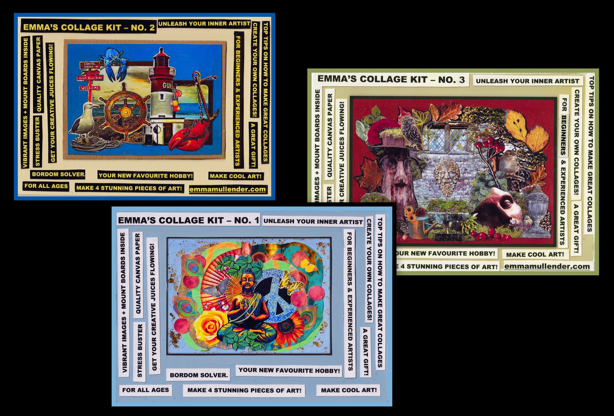 "Montage of collage example from my first 3 collage kits" by Emma Mullender